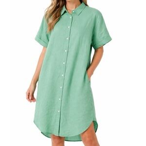 Gap Women XL Linen Blend Boxy Airy Button Up Shirt Dress Green Pockets Collared